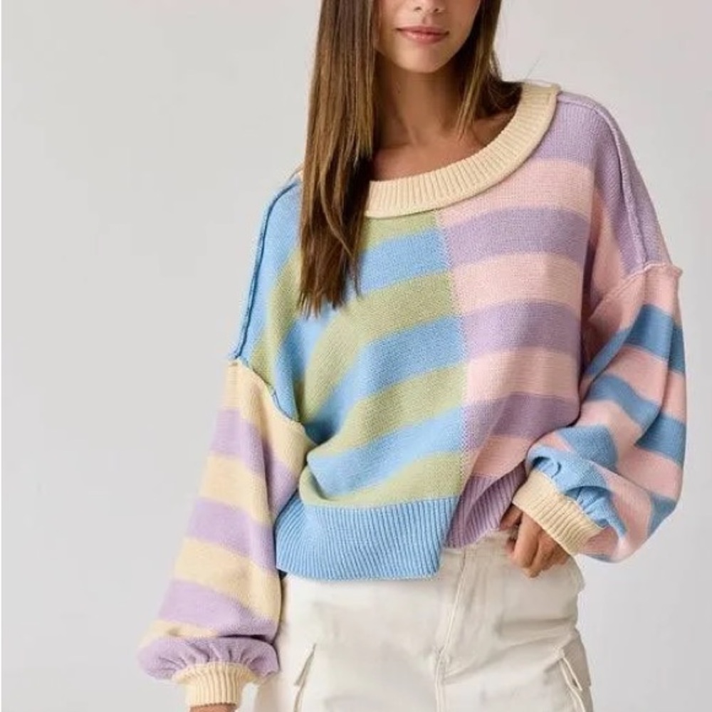 Papermoon‎ Cotton Blend Multi Colored Striped Knit Cropped Sweater Sz. M NWT